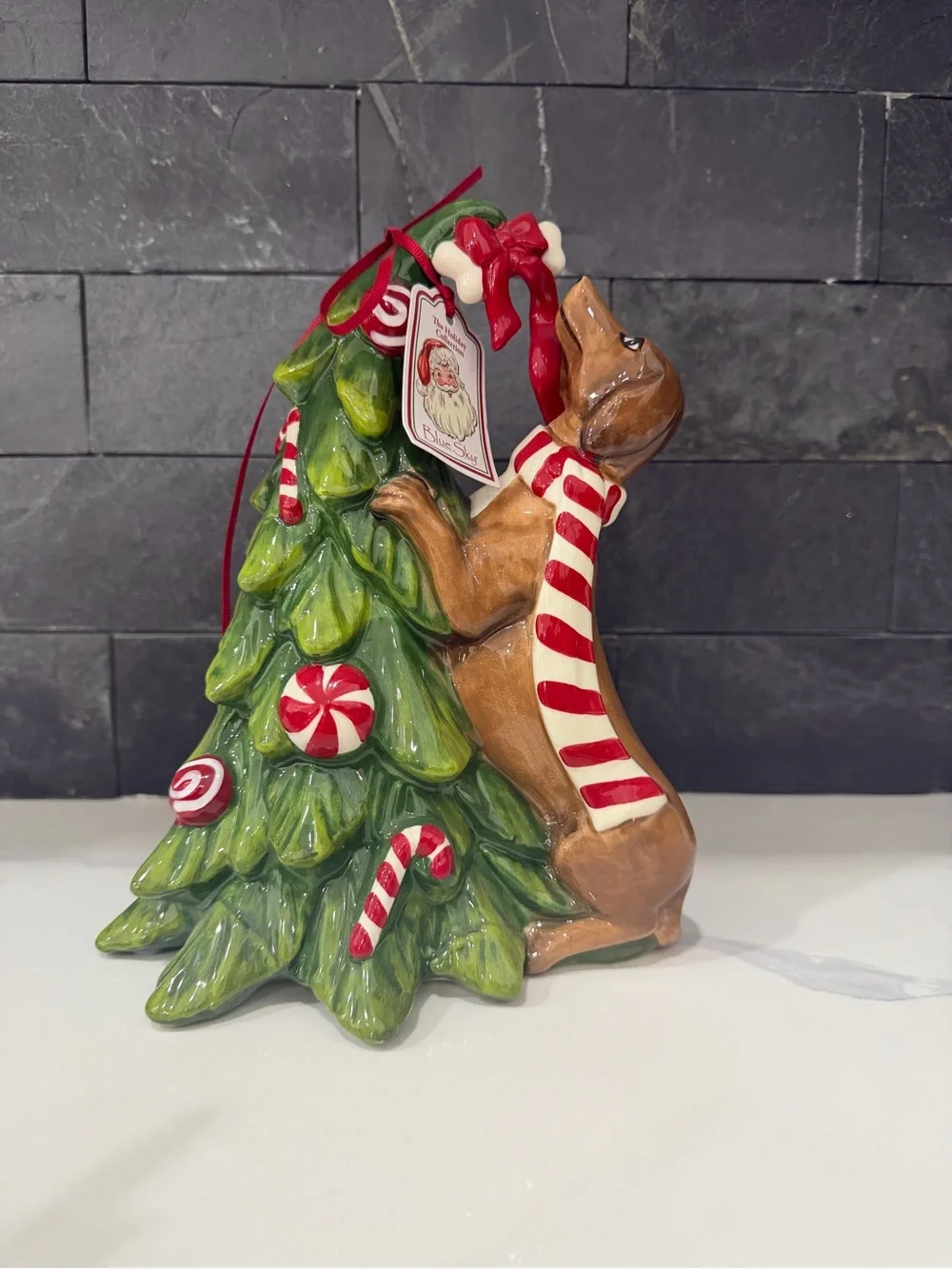 Festive Dog & Christmas Tree Holiday Figurine - Red and Green